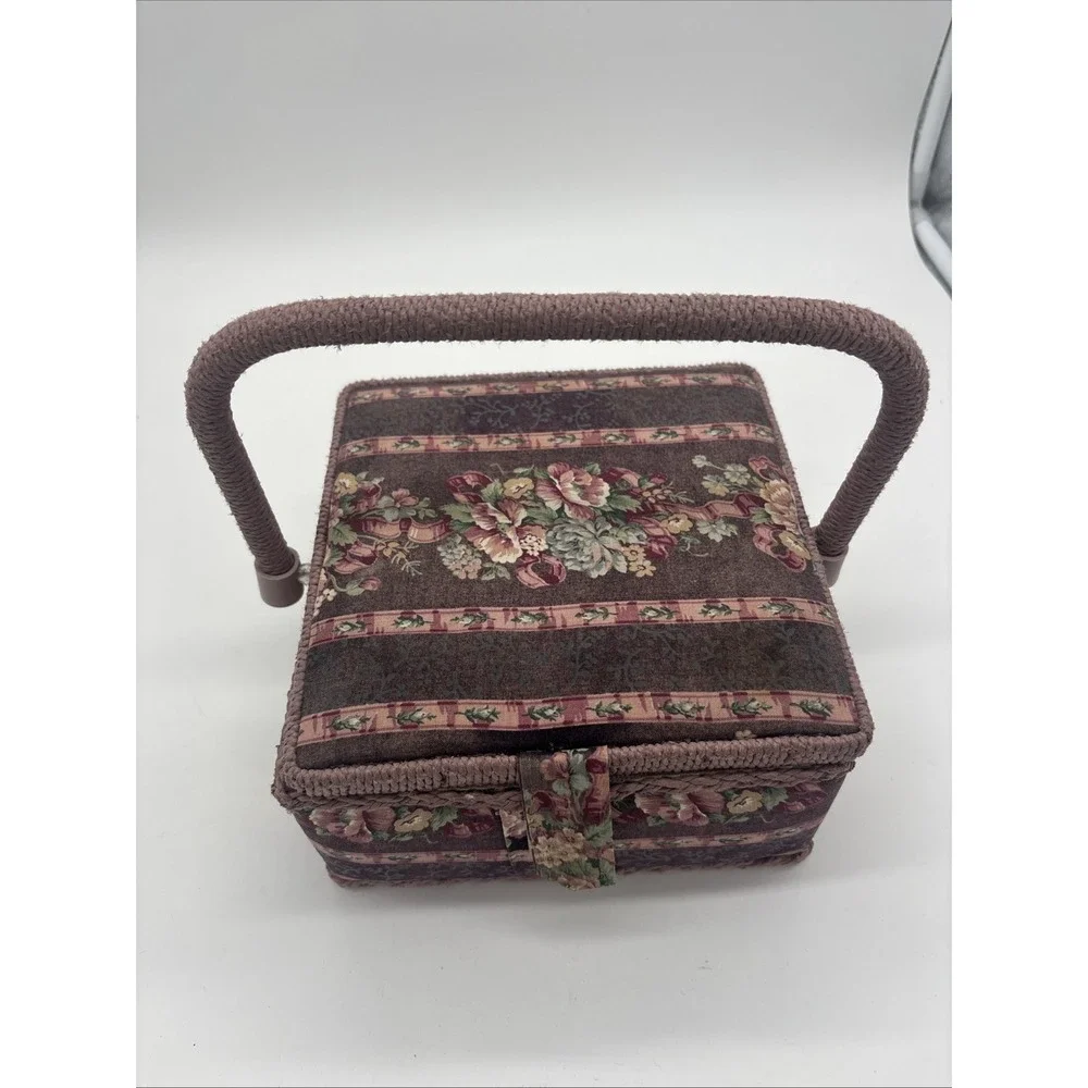 Floral Wicker Sewing Basket Box Vintage Granny Chic Pin Cushion Box